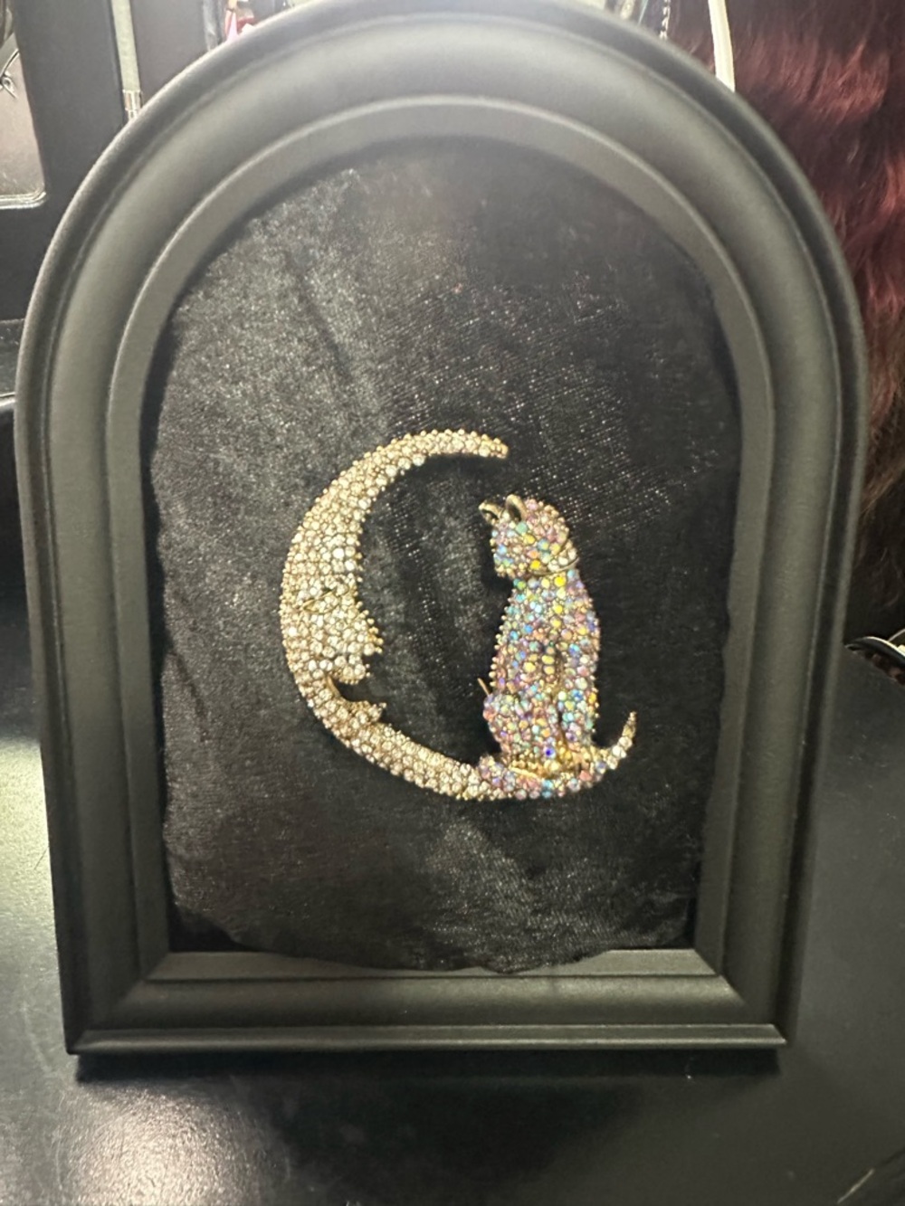 Crystal Cat on Crescent Moon Brooch - Iridescent